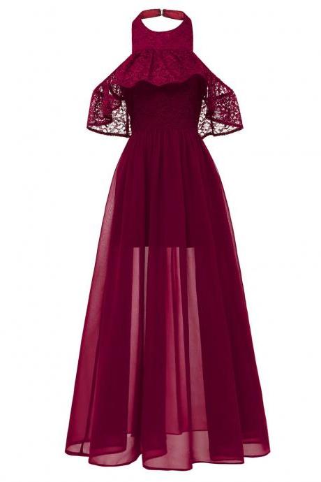 Women Chiffon Maxi Dress Halter Lace Beach Casual Long Evening Party Dress Burgundy