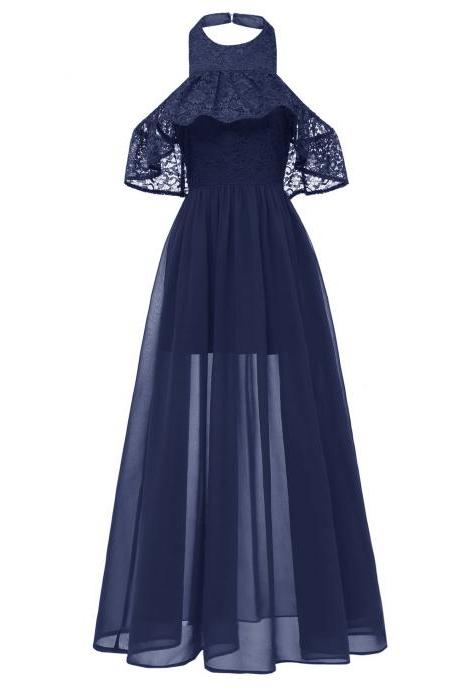 Women Chiffon Maxi Dress Halter Lace Beach Casual Long Evening Party Dress Navy Blue