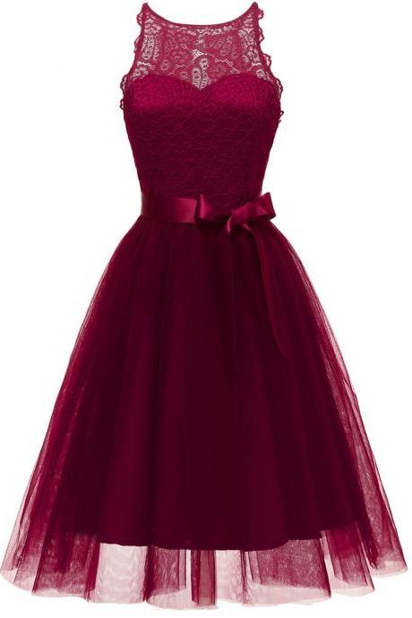 Women Lace Pacthwork Casual Dress Sleeveless A Line Work Office Party Dress Burgundy