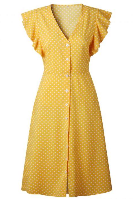 Women Polka Dot Shirt Dress V Neck Ruffle Sleeveless Casual Boho Beach A Line Midi Sundress yellow