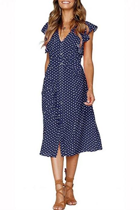 Women Polka Dot Shirt Dress V Neck Ruffle Sleeveless Casual Boho Beach A Line Midi Sundress Navy Blue