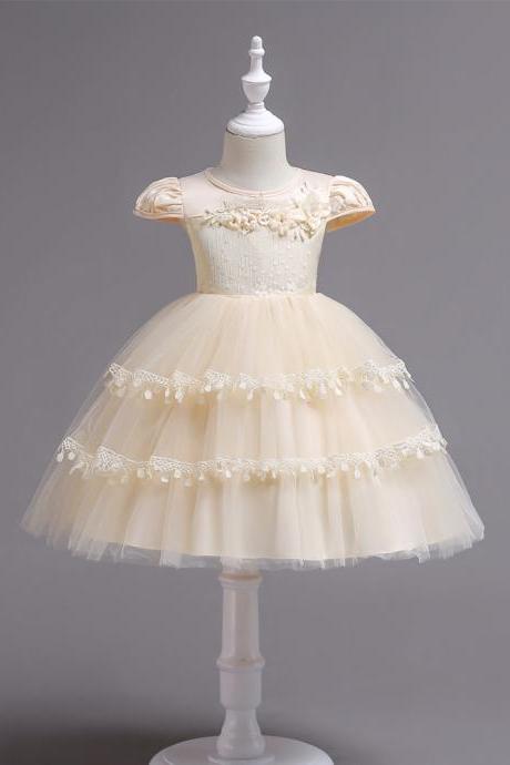 Lace Flower Girl Dress Cap Sleeve Wedding Communion Party Tutu Gown Kids Children Clothes Champagne