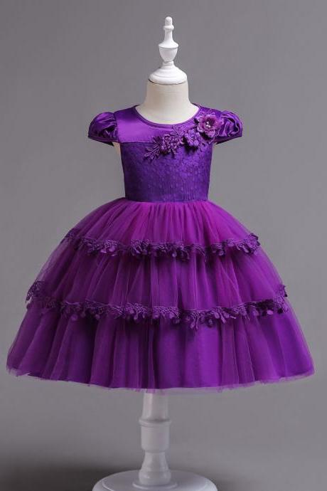 Lace Flower Girl Dress Cap Sleeve Wedding Communion Party Tutu Gown Kids Children Clothes Purple