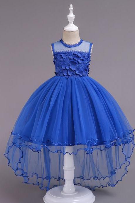 High Low Lace Flower Girls Dress Sleeveless Trailing Formal Party Birthday Gown Children Clothes blue 