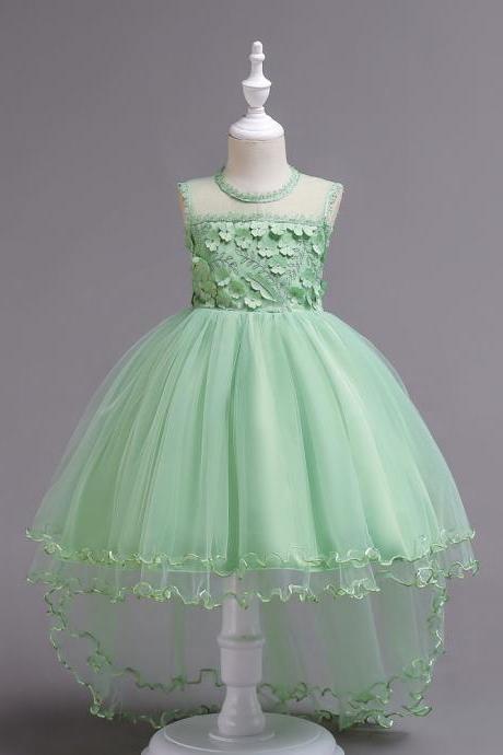 High Low Lace Flower Girls Dress Sleeveless Trailing Formal Party Birthday Gown Children Clothes light green