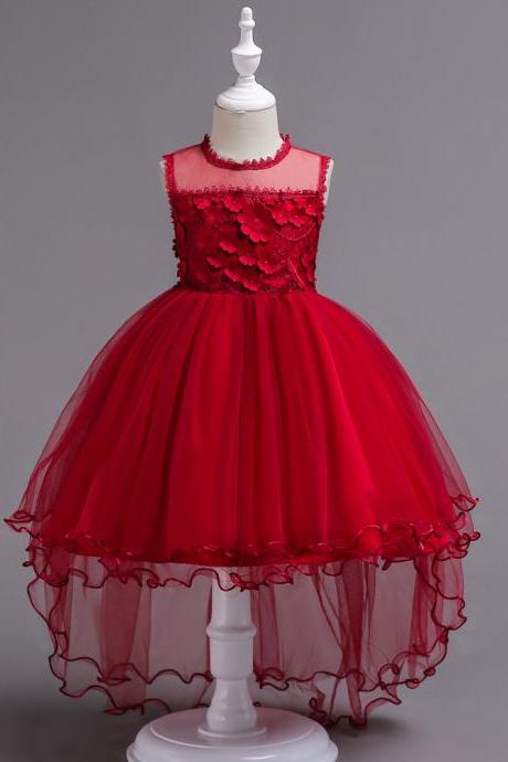High Low Lace Flower Girls Dress Sleeveless Trailing Formal Party Birthday Gown Children Clothes red