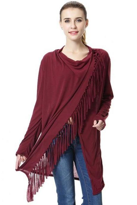 Women Asymmetrical Tassels Shawl Coat Ponchos Design Long Sleeve Scarves Casual Sweater Jacket burgundy