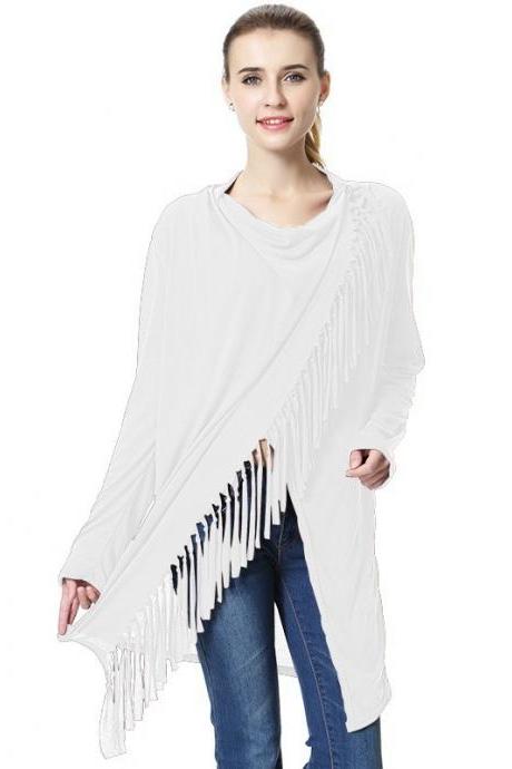 Women Asymmetrical Tassels Shawl Coat Ponchos Design Long Sleeve Scarves Casual Sweater Jacket off white