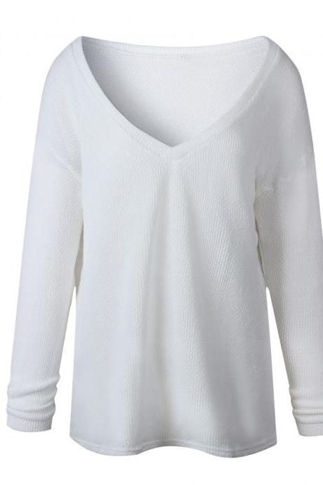 Women Knitted Sweater Spring Autumn V Neck Long Sleeve Casual Loose Top Pullover off white