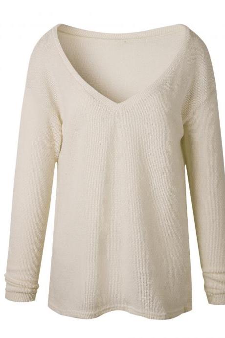 Women Knitted Sweater Spring Autumn V Neck Long Sleeve Casual Loose Top Pullover apricot