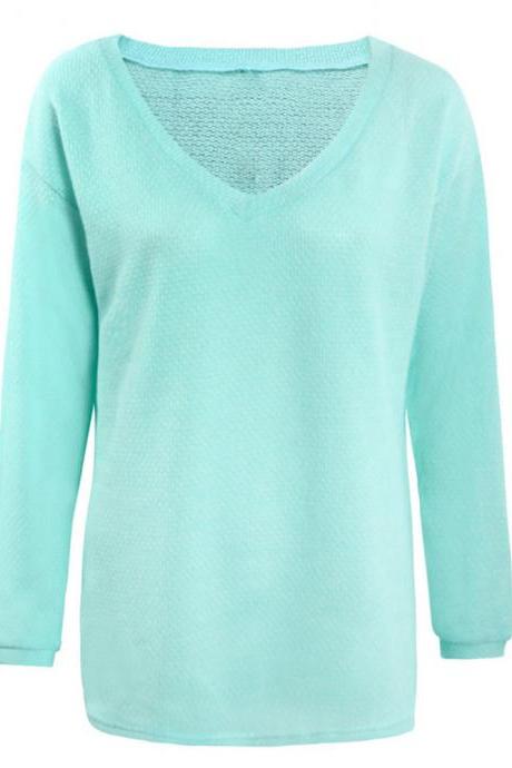 Women Knitted Sweater Spring Autumn V Neck Long Sleeve Casual Loose Top Pullover aqua