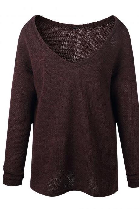 Women Knitted Sweater Spring Autumn V Neck Long Sleeve Casual Loose Top Pullover Coffee