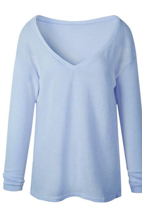 Women Knitted Sweater Spring Autumn V Neck Long Sleeve Casual Loose Top Pullover light blue 