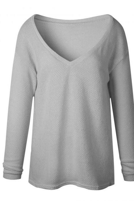 Women Knitted Sweater Spring Autumn V Neck Long Sleeve Casual Loose Top Pullover light gray