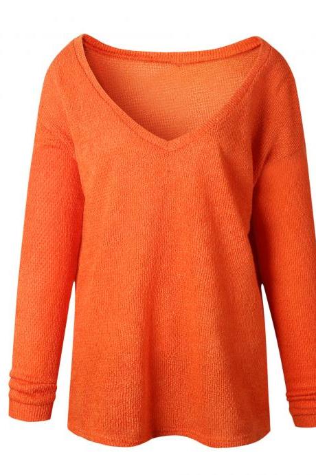 Women Knitted Sweater Spring Autumn V Neck Long Sleeve Casual Loose Top Pullover orange