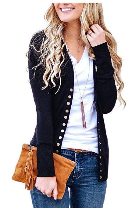 Women Cropped Cardigan V Neck Long Sleeve Button Slim Short Sweater Coat Jacket black