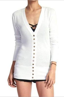 Women Cropped Cardigan V Neck Long Sleeve Button Slim Short Sweater Coat Jacket off white