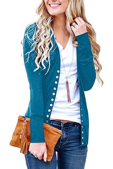 Women Cropped Cardigan V Neck Long Sleeve Button Slim Short Sweater Coat Jacket turquoise