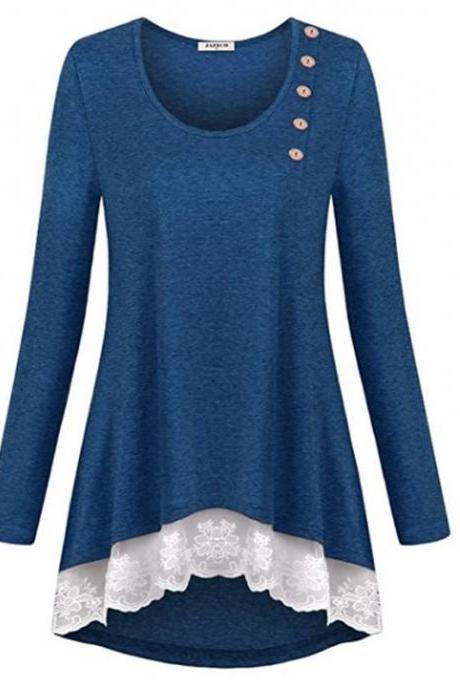 Women Asymmetrical Tops Casual Loose Button Lace Edge Long Sleeve T Shirt Blouse blue