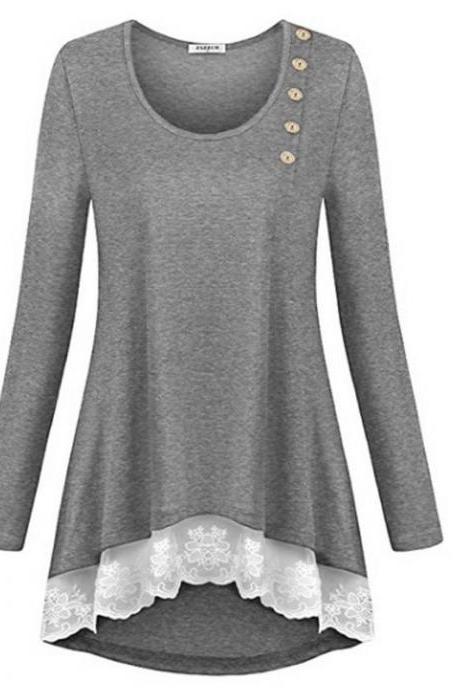 Women Asymmetrical Tops Casual Loose Button Lace Edge Long Sleeve T Shirt Blouse Gray
