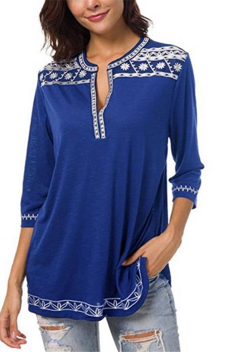 Plus Size Women Floral Printed T-Shirt V Neck 3/4 Sleeve Casual Loose Tops blue