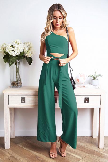 Women Wide Leg Jumpsuit One Shoulder Cut Out Tie Waist Casual Sexy Club Rompers green