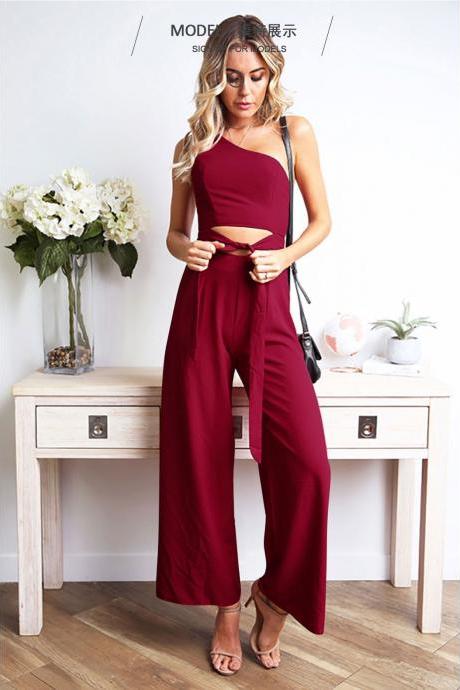 Women Wide Leg Jumpsuit One Shoulder Cut Out Tie Waist Casual Sexy Club Rompers red