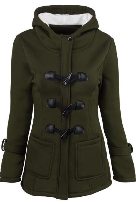 Women Parka Jacket Hooded Solid Warm Horns Buckle Winter Long Sleeve Slim Wadded Long Casual Coat Army Green