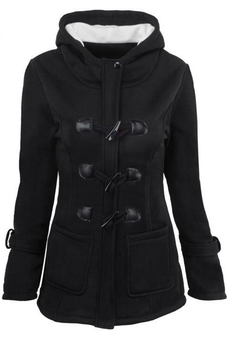  Women Parka Jacket Hooded Solid Warm Horns Buckle Winter Long Sleeve Slim Wadded Long Casual Coat black