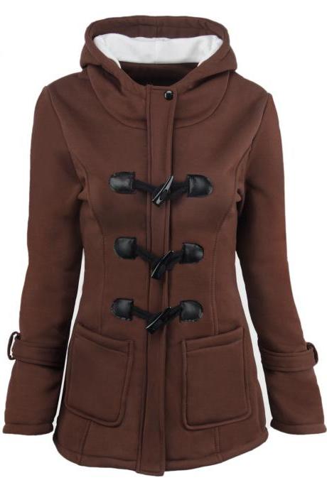 Women Parka Jacket Hooded Solid Warm Horns Buckle Winter Long Sleeve Slim Wadded Long Casual Coat Coffee