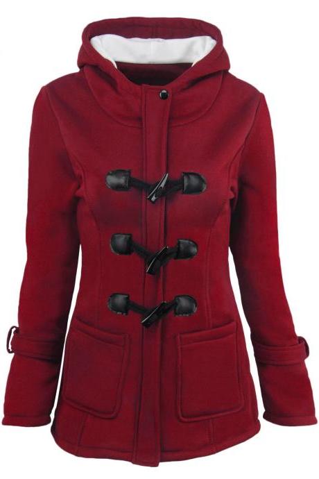  Women Parka Jacket Hooded Solid Warm Horns Buckle Winter Long Sleeve Slim Wadded Long Casual Coat crimson