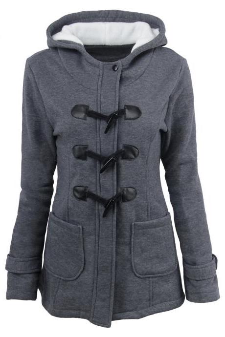 Women Parka Jacket Hooded Solid Warm Horns Buckle Winter Long Sleeve Slim Wadded Long Casual Coat dark gray