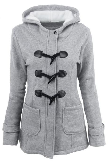 Women Parka Jacket Hooded Solid Warm Horns Buckle Winter Long Sleeve Slim Wadded Long Casual Coat Gray