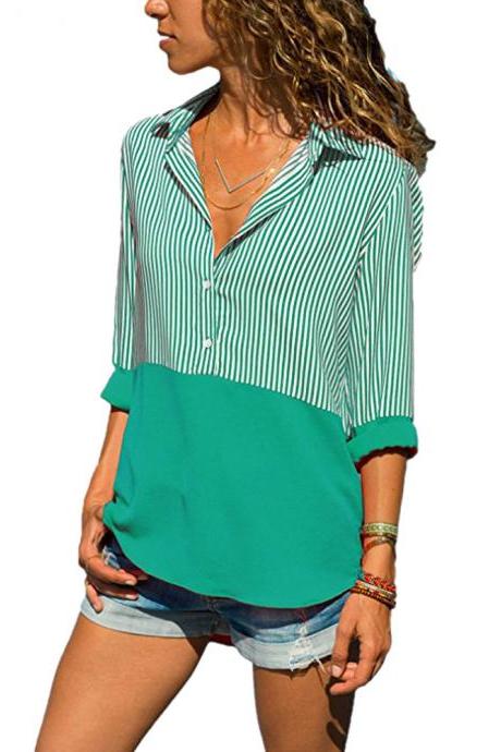 Women Striped Patchwork Tops Shirt V Neck Button Casual Long Sleeve Plus Size Blouses green