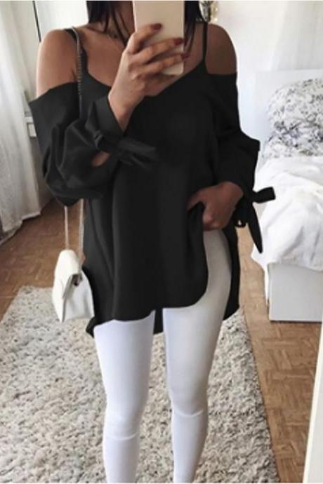 Women Blouse Long Sleeve Spaghetti Strap Casual Loose Plus Size Off the Shoulder Tops Shirt black