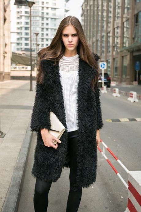 Women Faux Fur Long Coat Turn-Down Collar Winter Female Warm Furry Trench Jacket Outwear black