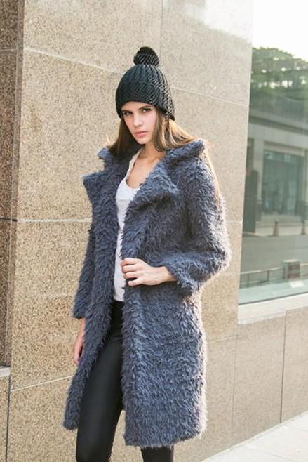 Women Faux Fur Long Coat Turn-Down Collar Winter Female Warm Furry Trench Jacket Outwear gray