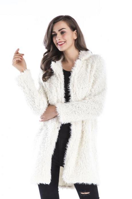 Women Faux Fur Long Coat Turn-Down Collar Winter Female Warm Furry Trench Jacket Outwear off white