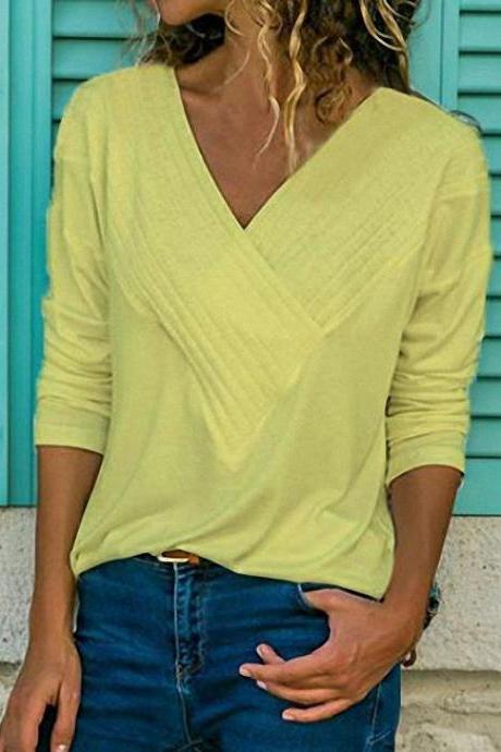 Women Long Sleeve T Shirt Ruched V Neck Casual Slim Plus Size Tee Tops Blouse Yellow