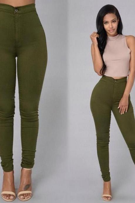 Women Pencil Pants Candy High Waist Casual Slim Female Stretch Skinny Trousers green