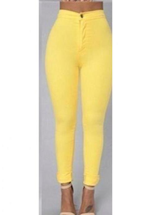 Women Pencil Pants Candy High Waist Casual Slim Female Stretch Skinny Trousers yellow