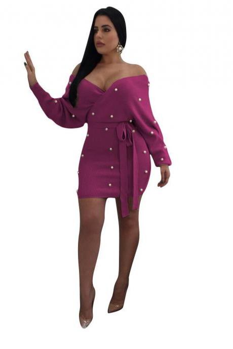 Women Bodycon Dress Pearls Off Shoulder Long Sleeve Backless Wrap Mini Club Party Dress purple