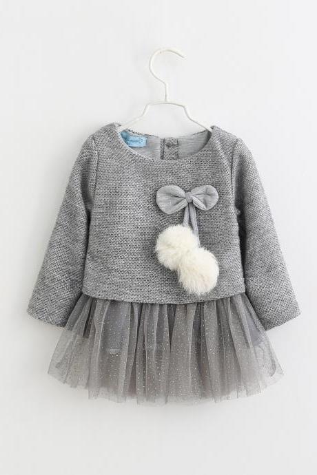 Newborn Baby Girl Sweater Dress Knitted Cotton Gilding Long Sleeve Princess Children Clothes gray