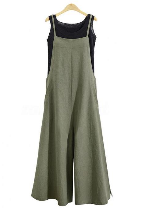  Women Wide Leg Jumpsuit Casual Loose Plus Size Strappy Pockets Long Overalls Pants Rompers army green