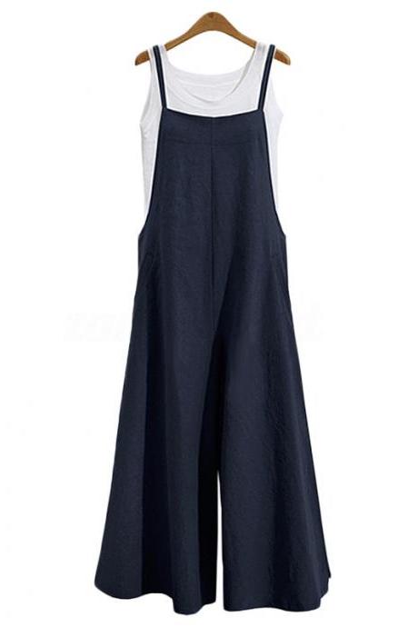 Women Wide Leg Jumpsuit Casual Loose Plus Size Strappy Pockets Long Overalls Pants Rompers navy blue