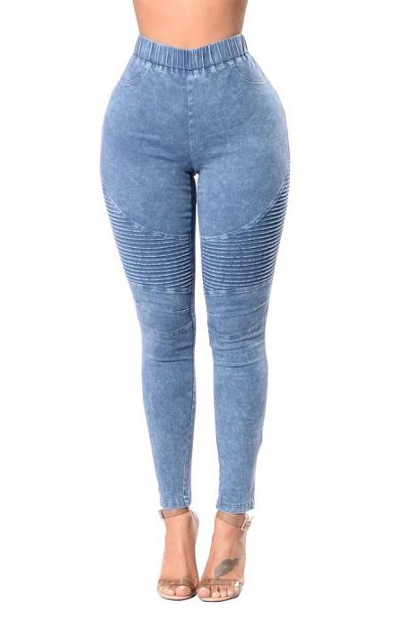 Women Denim Pencil Pants High Waist Stretch Skinny Casual Slim Jeans Trousers light blue
