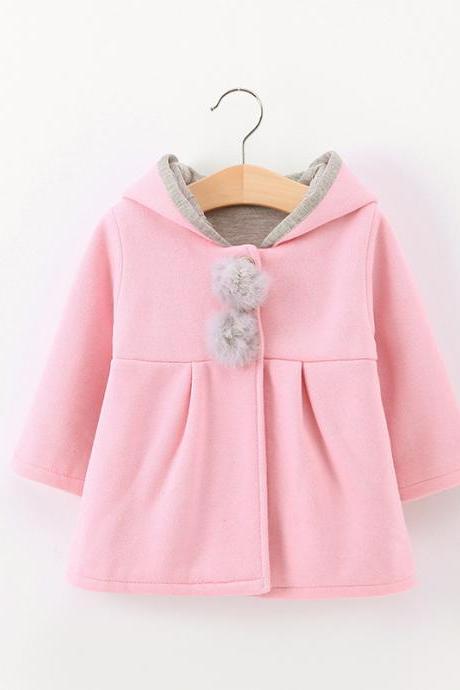Cute Rabbit Ear Hooded Baby Girls Coat Long Sleeve Kids Children Warm Casual Jacket Outerwear Pink