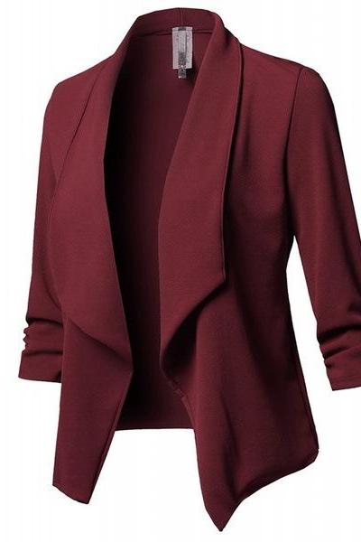 Women Suit Coat Casual Long Sleeve Autumn Work Office Business Slim Basic Long Blazer Jacket Outerwear burgundy