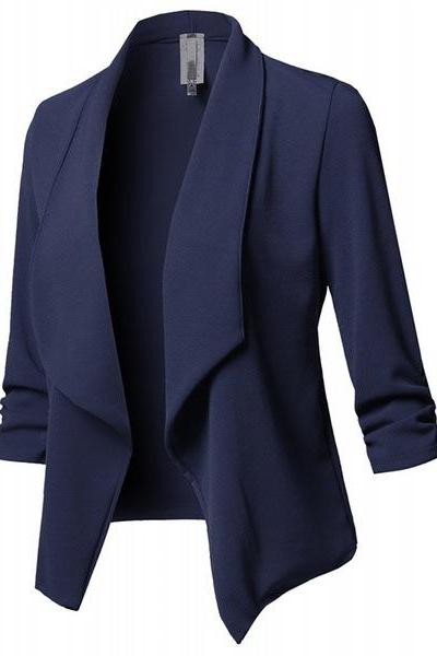 Women Suit Coat Casual Long Sleeve Autumn Work Office Business Slim Basic Long Blazer Jacket Outerwear navy blue