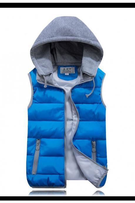 Kids Girls Boys Down Cotton Waistcoat Zipper Winter Warm Thicken Vest Hooded Children Sleevess Coat Jacket blue